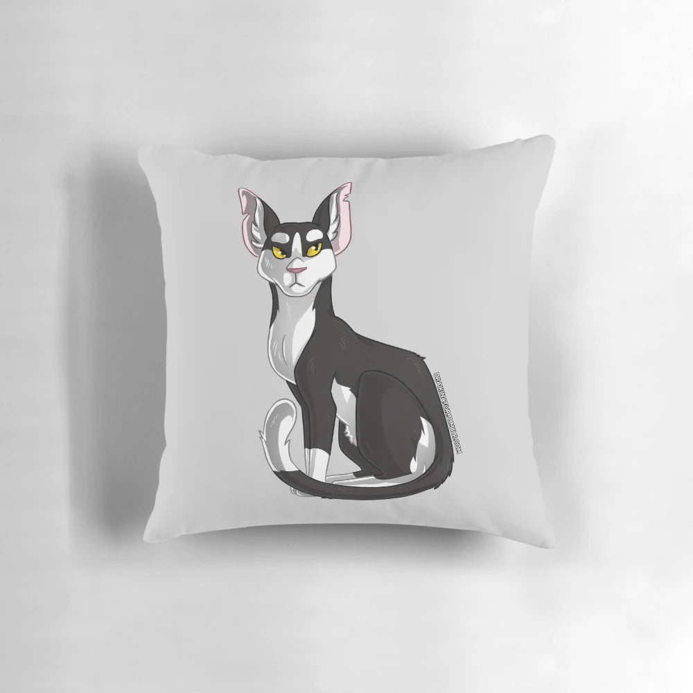 Tallstar the Windclan leader pillow, featuring the tuxedo cat character from the Warrior Cats series by Erin Hunter.
