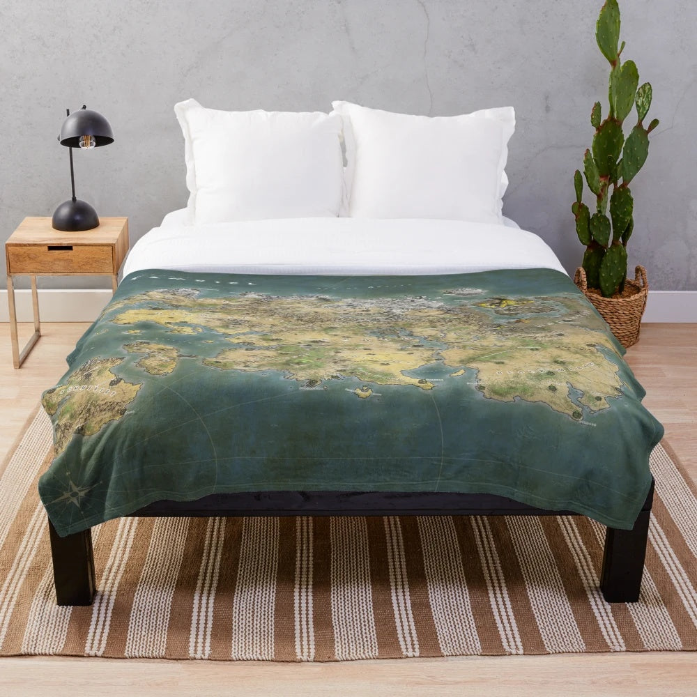 Tamriel inspired plush blanket featuring a detailed fantasy map design