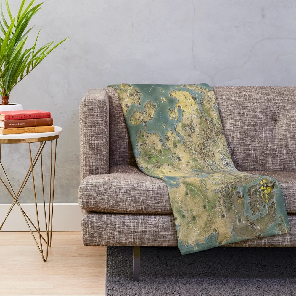 Tamriel inspired plush blanket featuring a detailed fantasy map design