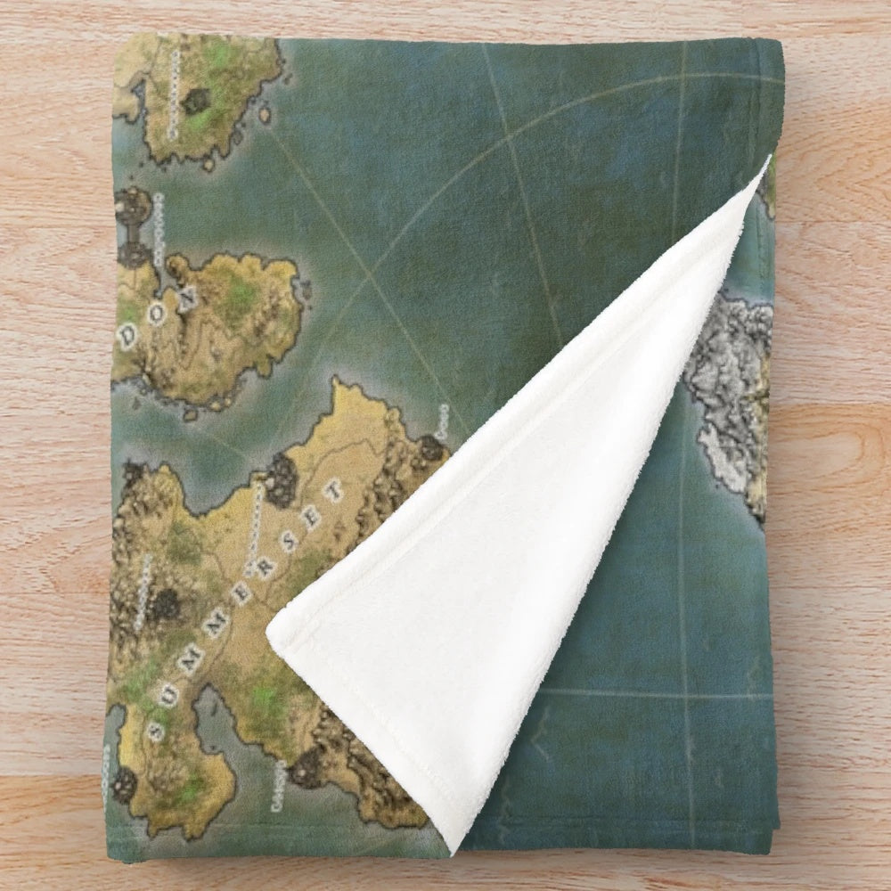 Tamriel inspired plush blanket featuring a detailed fantasy map design