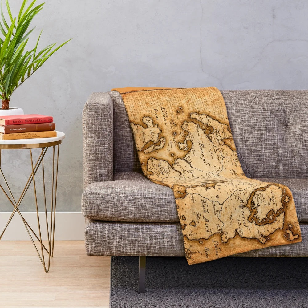 Tamriel map plush blanket featuring the fantasy world from the Elder Scrolls video game series