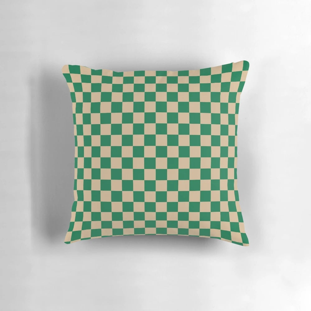 Tan brown and cadmium green checkered pattern decorative throw pillow
