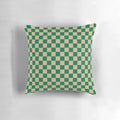 Tan brown and cadmium green checkered pattern decorative throw pillow