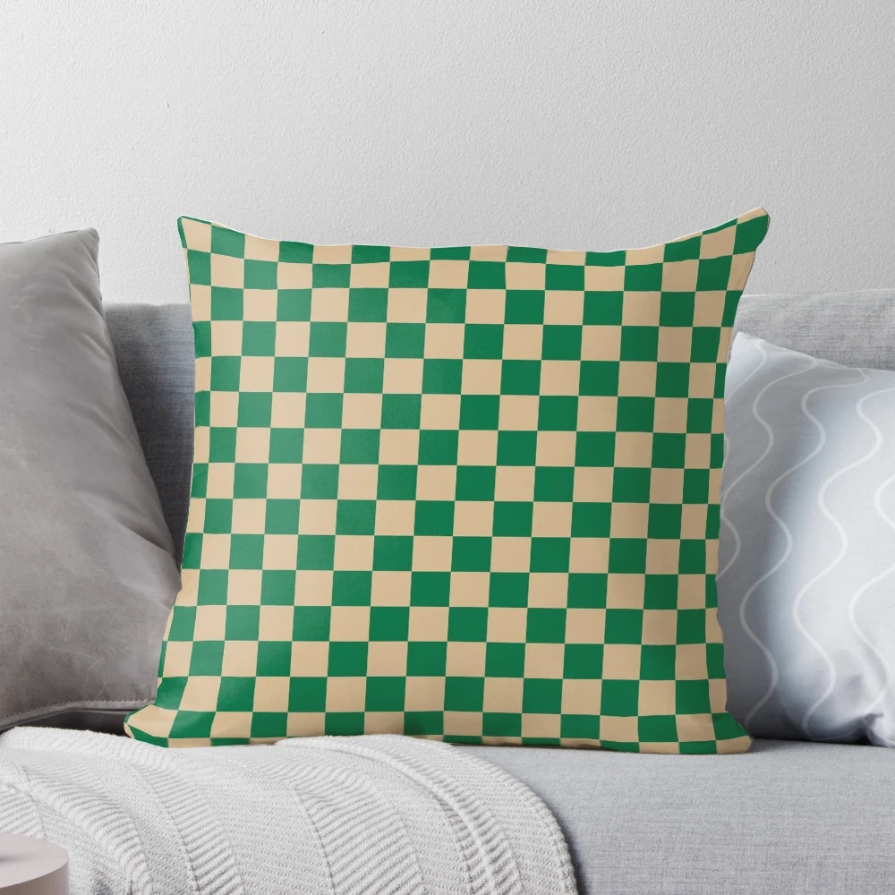 Tan brown and cadmium green checkered pattern decorative throw pillow