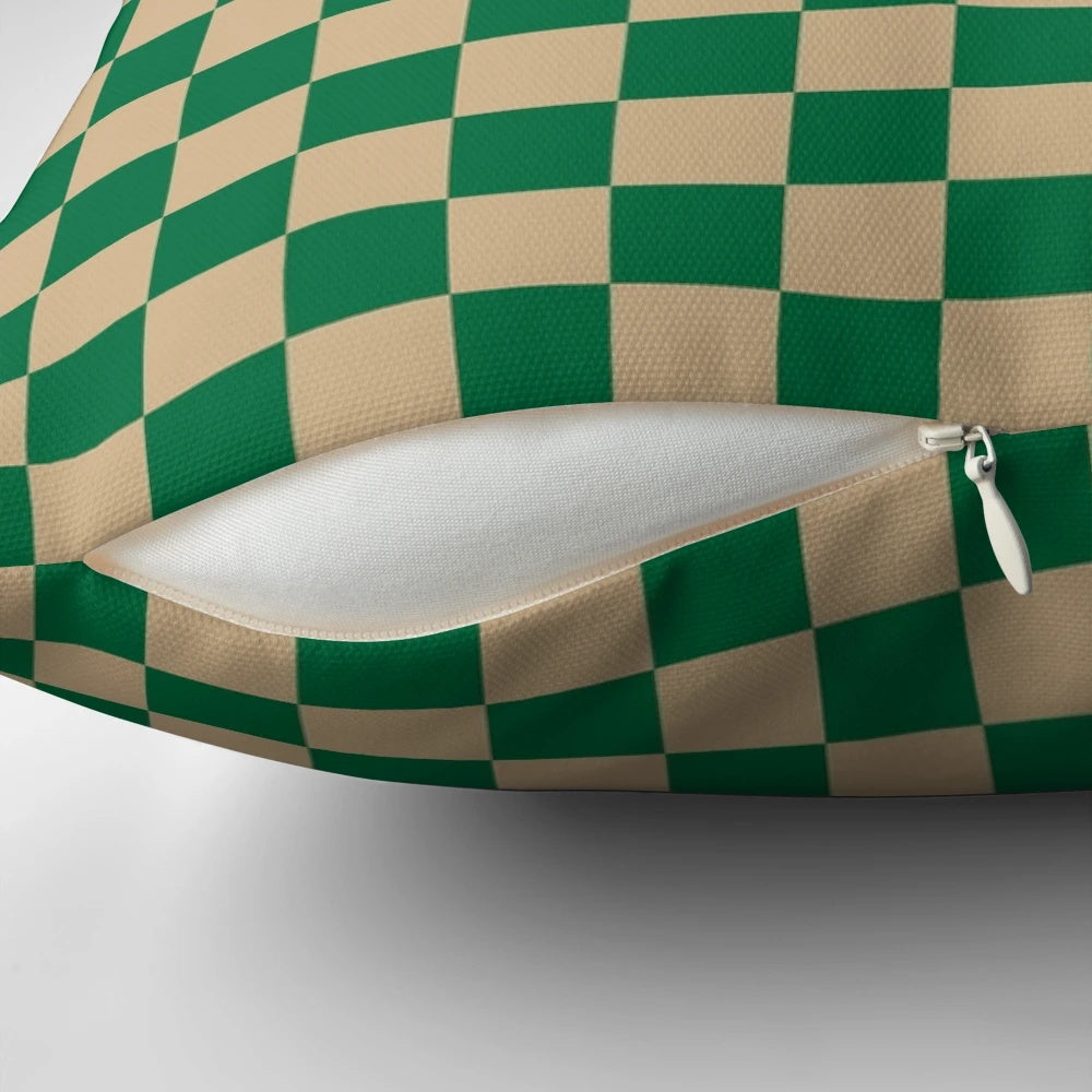 Tan brown and cadmium green checkered pattern decorative throw pillow