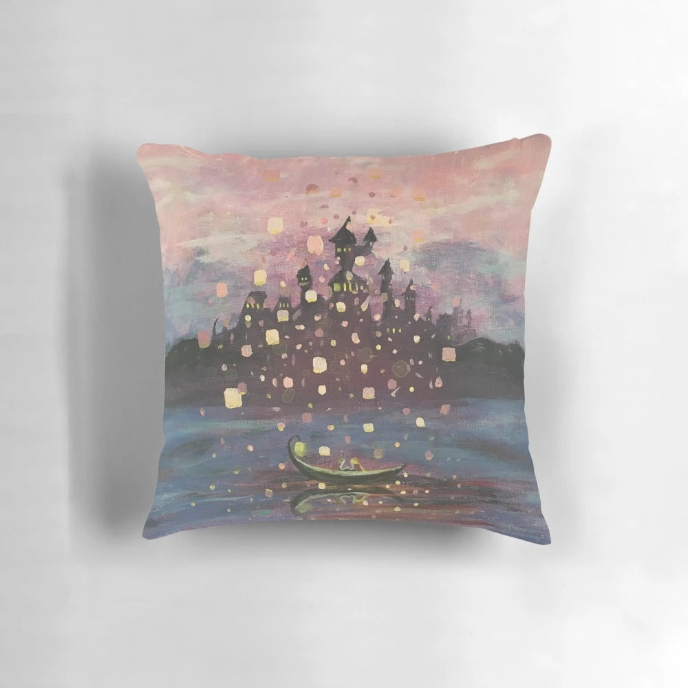 Tangled Disney Rapunzel Lantern Painting Throw Pillow featuring the iconic "At Last I See the Light" scene from the movie Tangled.