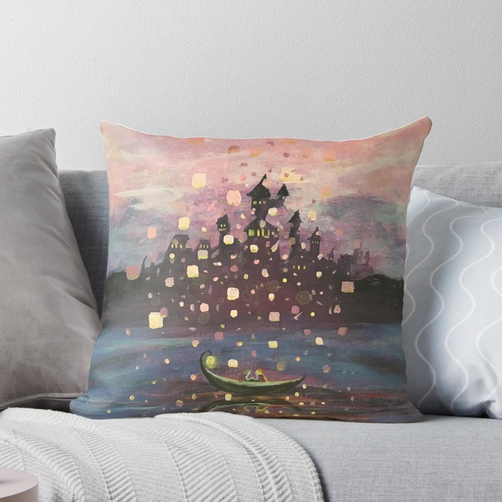 Tangled Disney Rapunzel Lantern Painting Throw Pillow featuring the iconic "At Last I See the Light" scene from the movie Tangled.