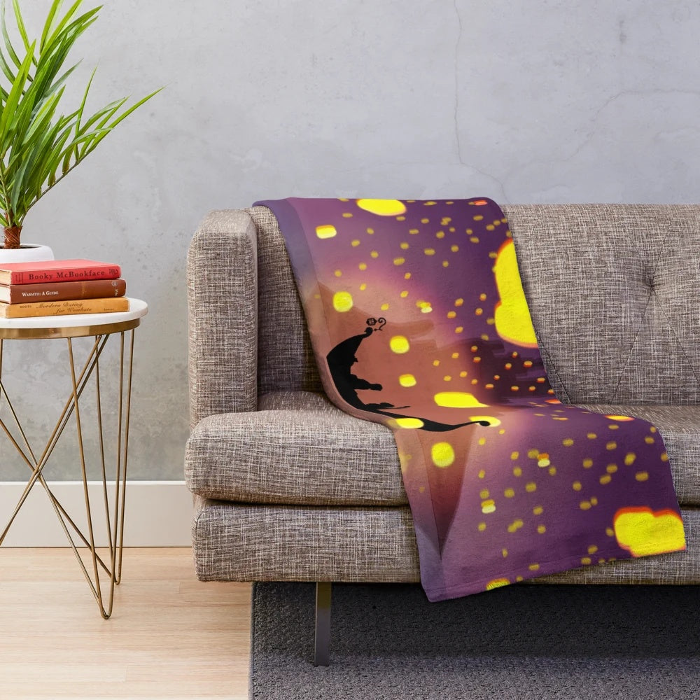 Tangled-inspired plush blanket featuring the iconic "I See the Light" scene