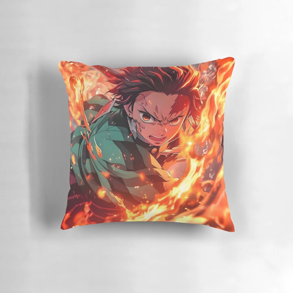 Tanjiro Kamado, the protagonist of "Demon Slayer," depicted on a vibrant throw pillow using his flame breathing abilities.