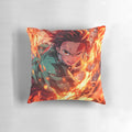 Tanjiro Kamado, the protagonist of "Demon Slayer," depicted on a vibrant throw pillow using his flame breathing abilities.