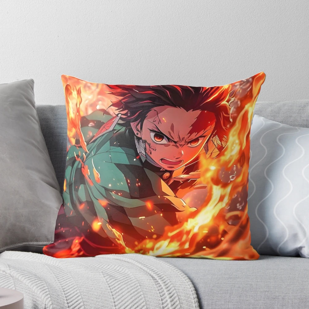 Tanjiro Kamado, the protagonist of "Demon Slayer," depicted on a vibrant throw pillow using his flame breathing abilities.
