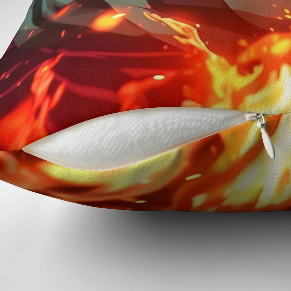 Tanjiro Kamado, the protagonist of "Demon Slayer," depicted on a vibrant throw pillow using his flame breathing abilities.