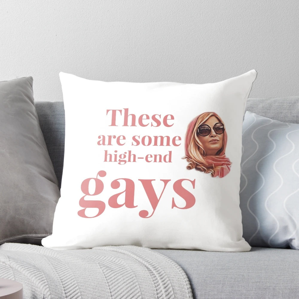 Decorative pillow featuring quotes from the character Tanya McQuoid, played by Jennifer Coolidge, in the TV series "The White Lotus".