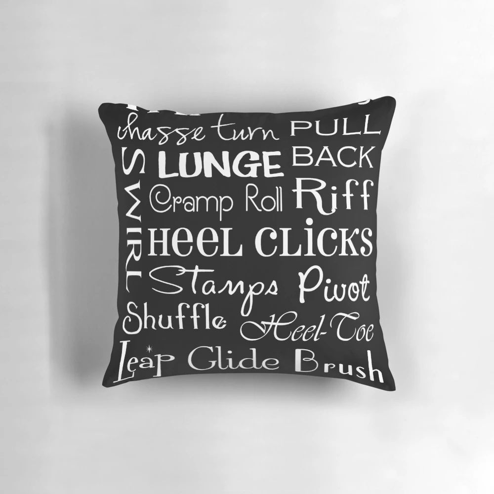 Tap Dance Subway Art Poster Pillow featuring black and white typography and dance terms