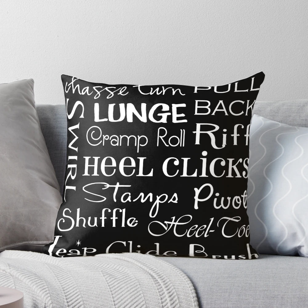 Tap Dance Subway Art Poster Pillow featuring black and white typography and dance terms