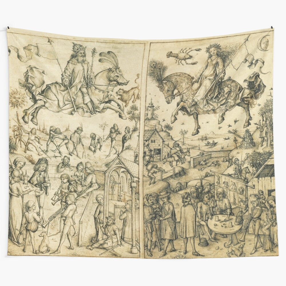 Antique black and white tapestry featuring astrological illustrations of the sun, moon, and zodiac signs