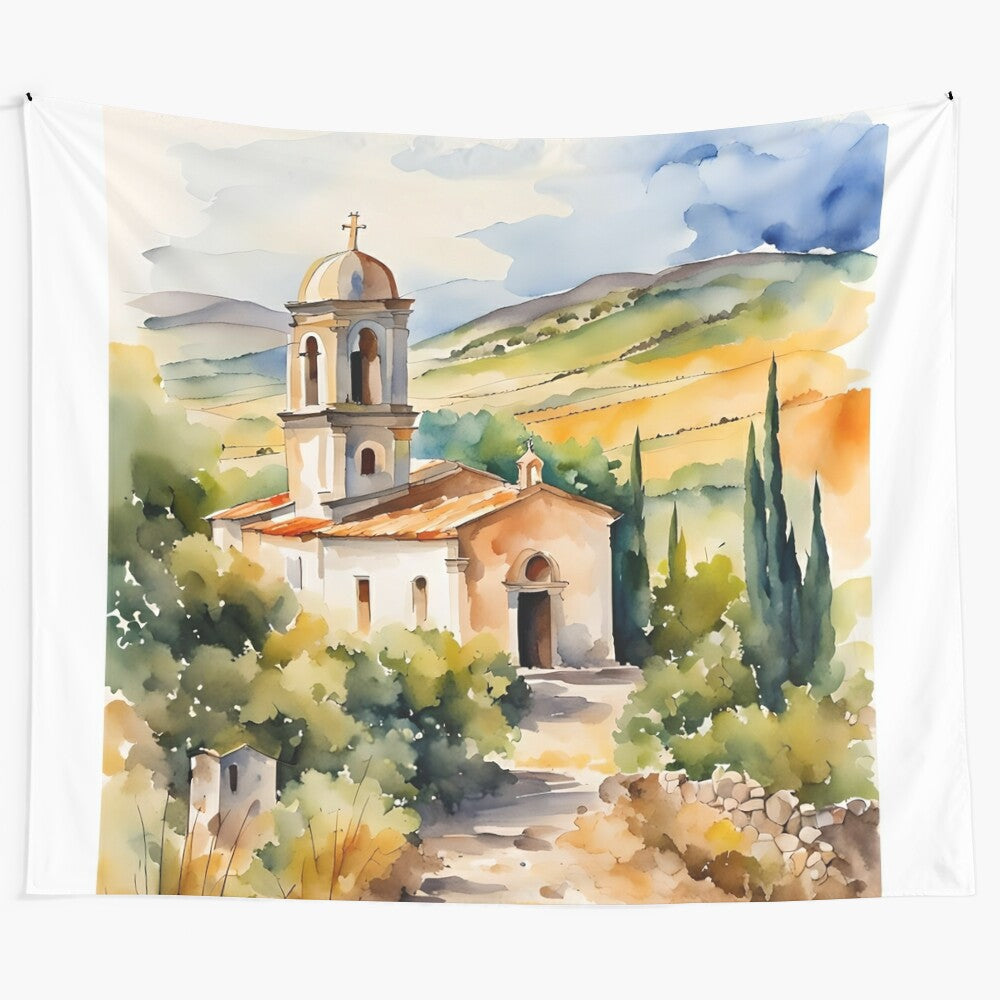 Watercolor tapestry depicting an ancient Sicilian church in a serene, spiritual setting