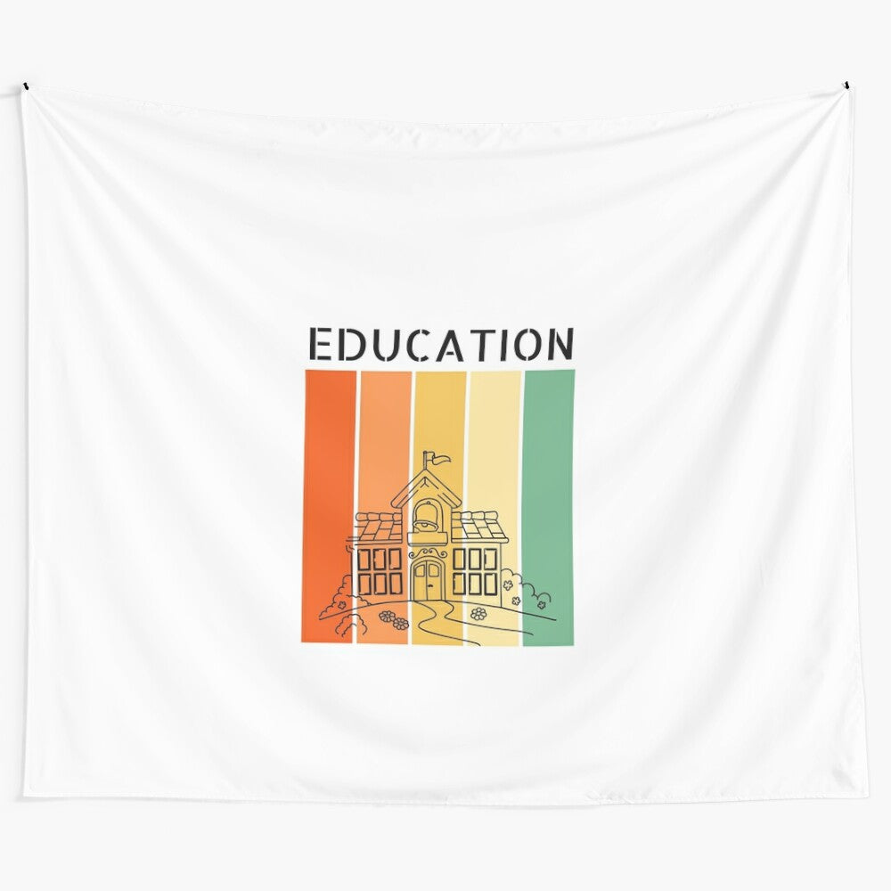 Colorful educational tapestry with books, pencils, and graduation caps