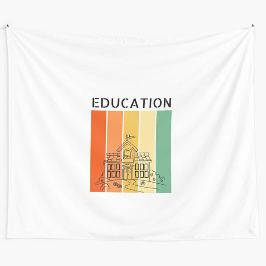 Colorful educational tapestry with books, pencils, and graduation caps