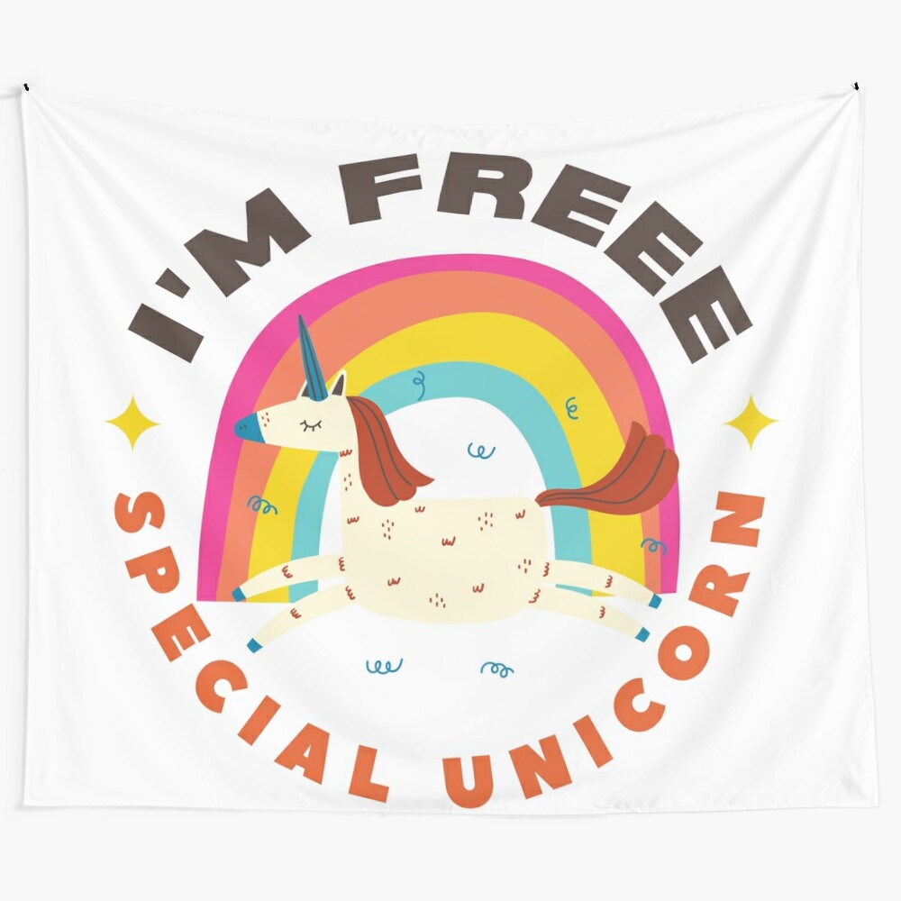 Whimsical unicorn tapestry with vibrant colors and playful designs