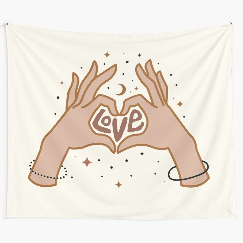 Cosmic love boho tapestry with galaxy and hand gesture design