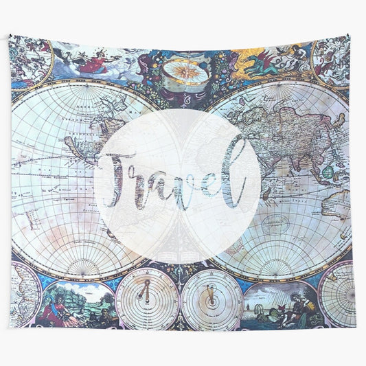 Vintage-style world map tapestry for travel and wanderlust-inspired home decor