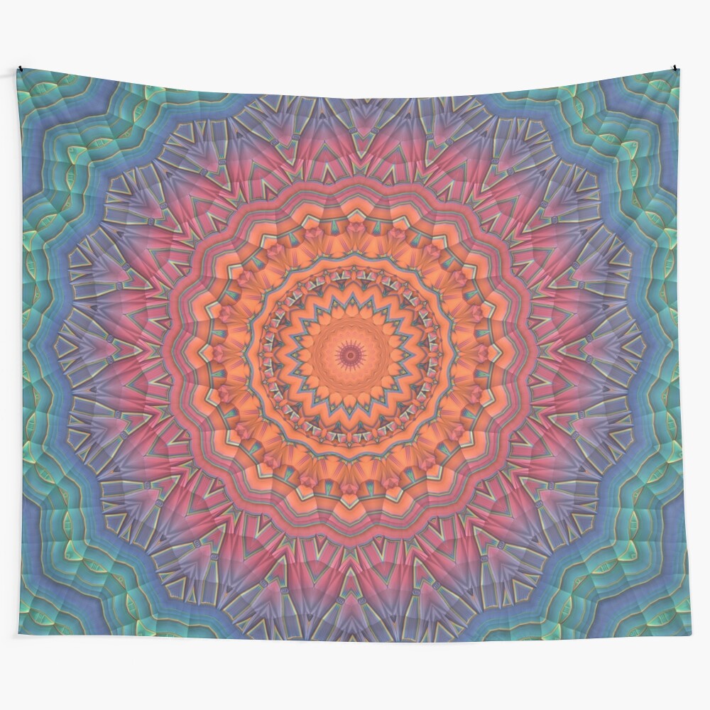 Vibrant mandala tapestry with kaleidoscopic symmetrical pattern