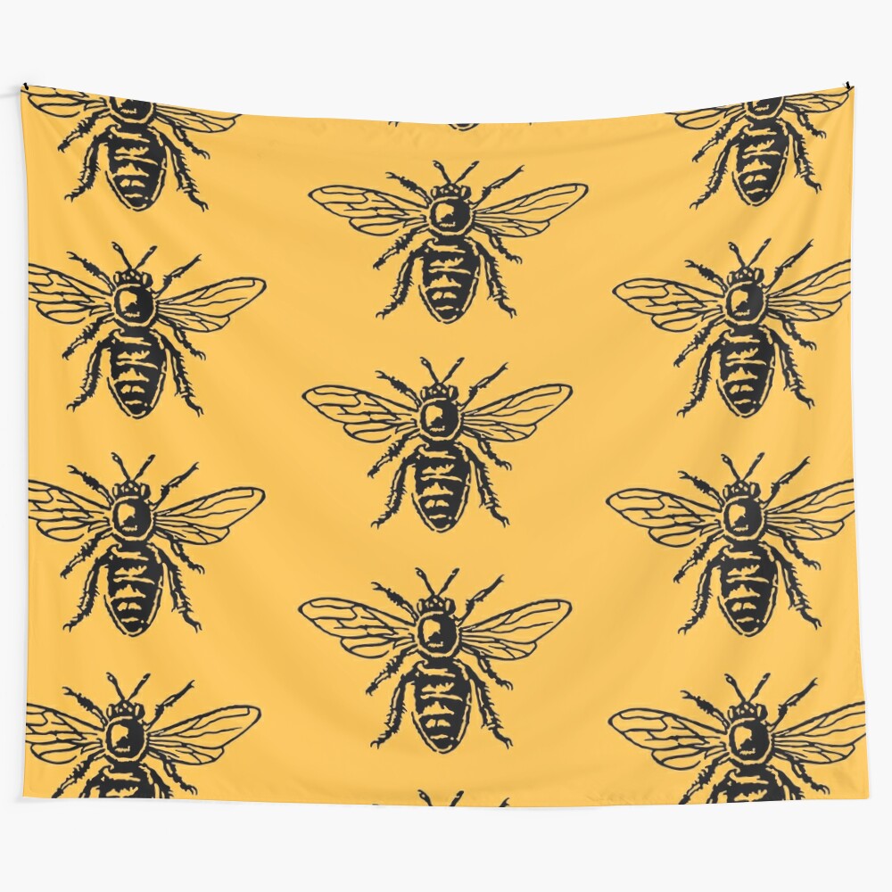 Honey bee tapestry featuring a detailed illustration of a honey bee in a natural setting