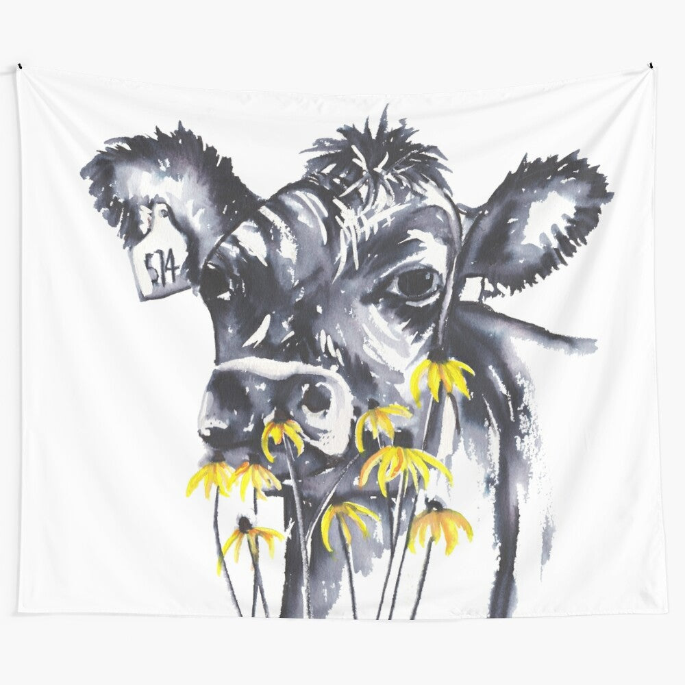 Watercolor painting of a cow in a field with wildflowers and yellow flowers