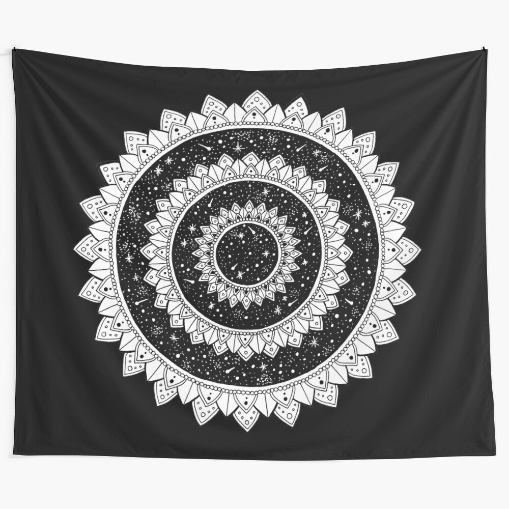 Galaxy-inspired mandala tapestry with detailed line work and dot patterns