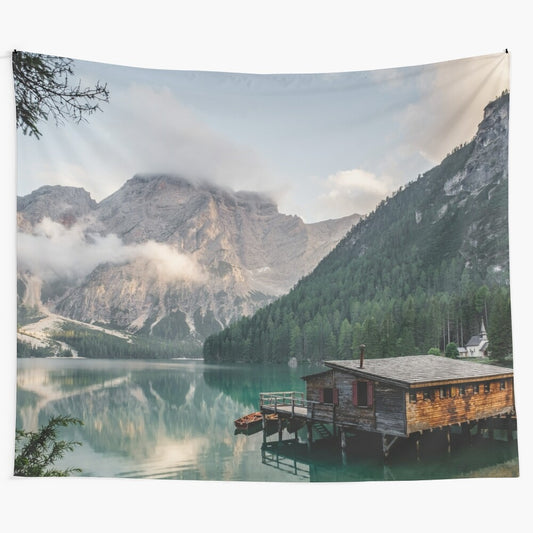 Scenic tapestry featuring Lago Di Braies, a beautiful lake in the Dolomites, Italy