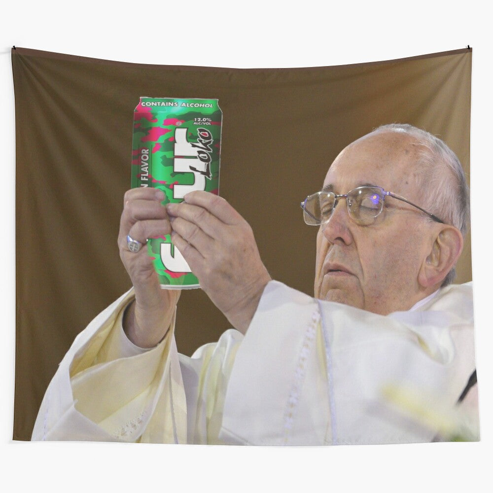 Festive tapestry featuring a Pope-themed Four Loko drink design