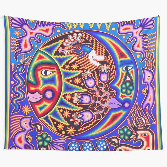 Colorful Huichol-inspired tapestry with sun and moon motifs