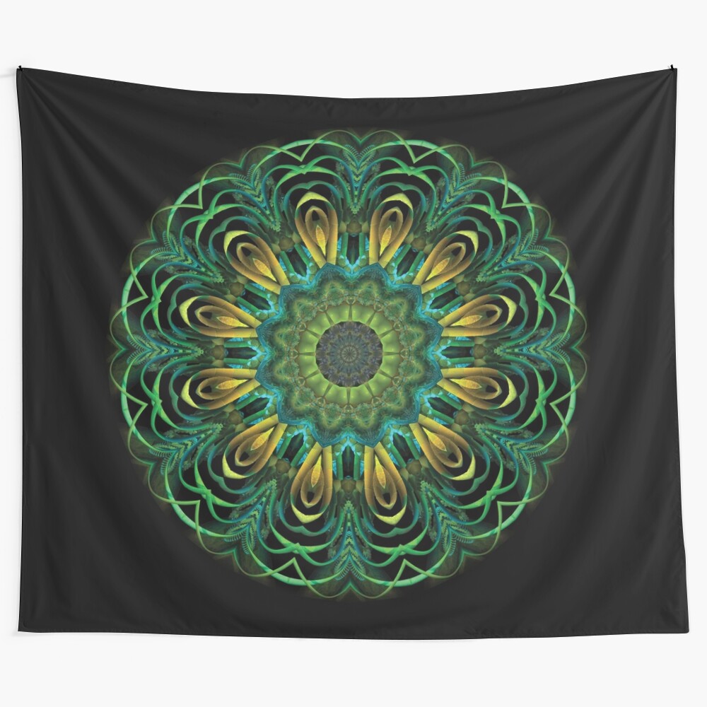 Emerald Roots Tapestry featuring a captivating mandala design