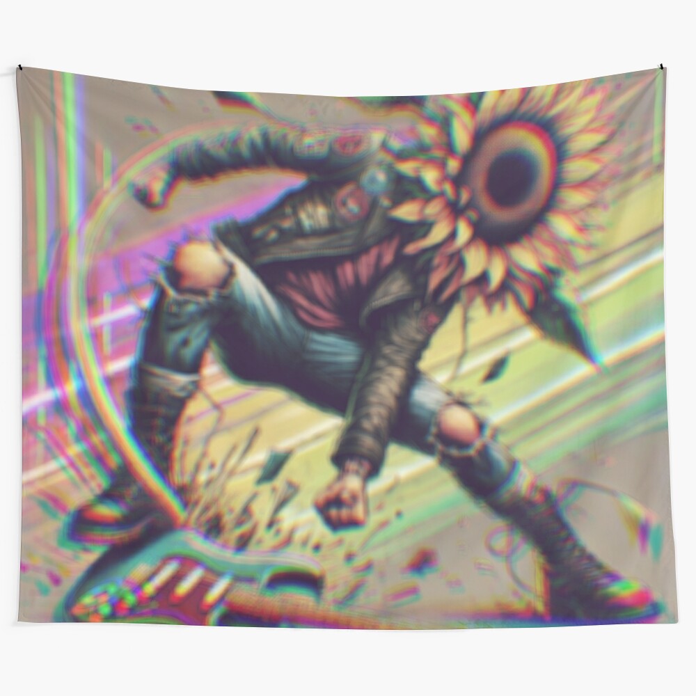 Distorted sunflower character tapestry with punk aesthetic and emotional journey