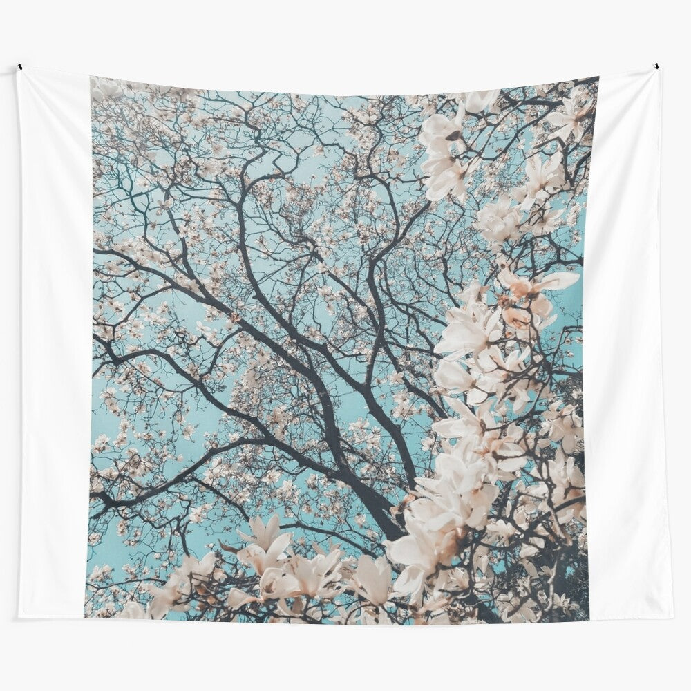 Sakura cherry blossom tapestry with pink flowers and petals