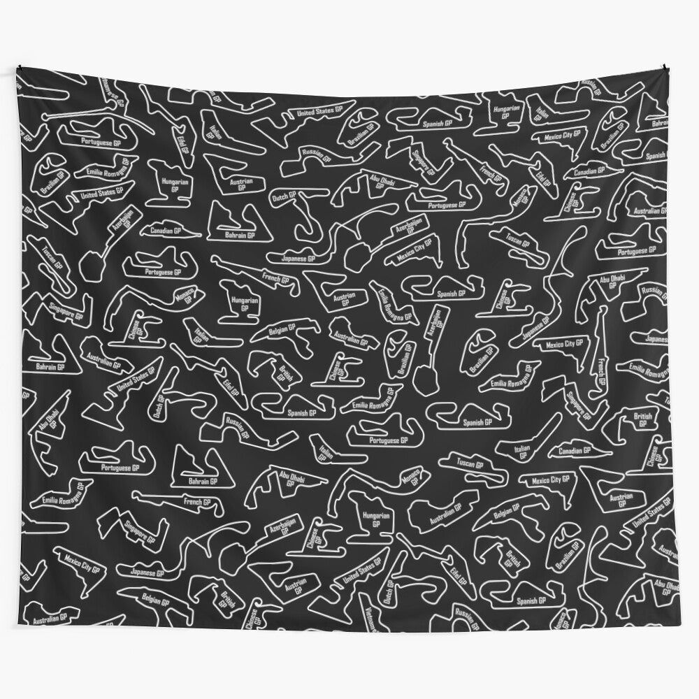 Tapestry featuring a vibrant pattern of race circuits and sports car silhouettes