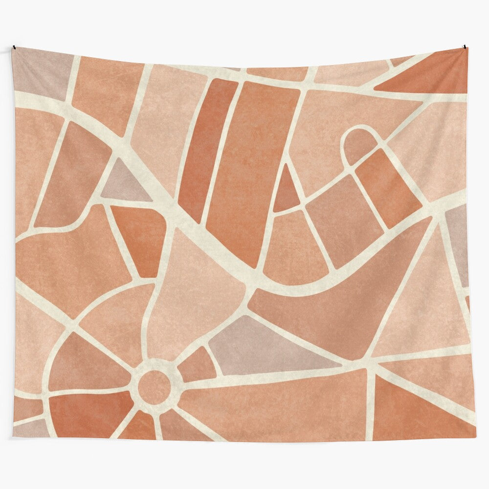 Vibrant abstract warm shapes tapestry with geometric patterns and organic mosaic design