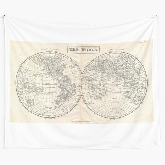 Vintage-inspired world map tapestry featuring historical cartography