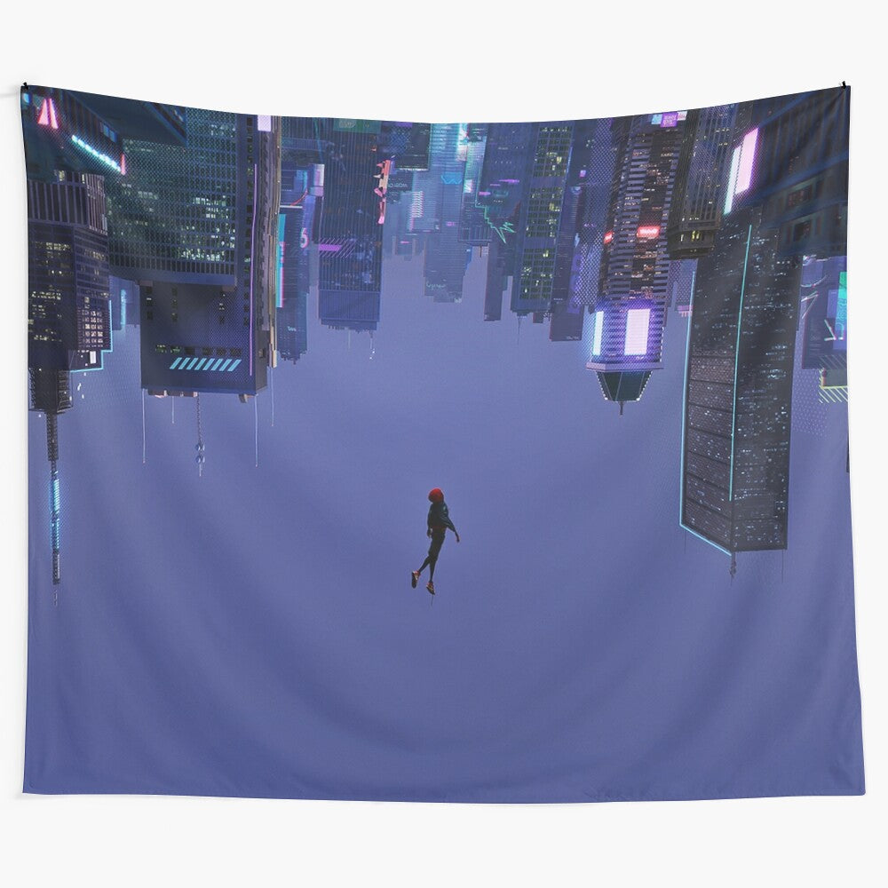 Tapestry featuring Miles Morales, the Ultimate Spider-Man, soaring through the city skyline