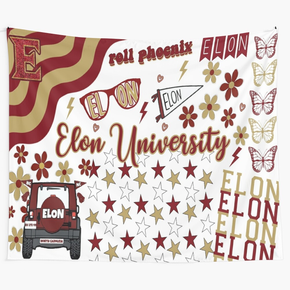 Elon University-inspired tapestry featuring phoenix, college, and dorm-related imagery