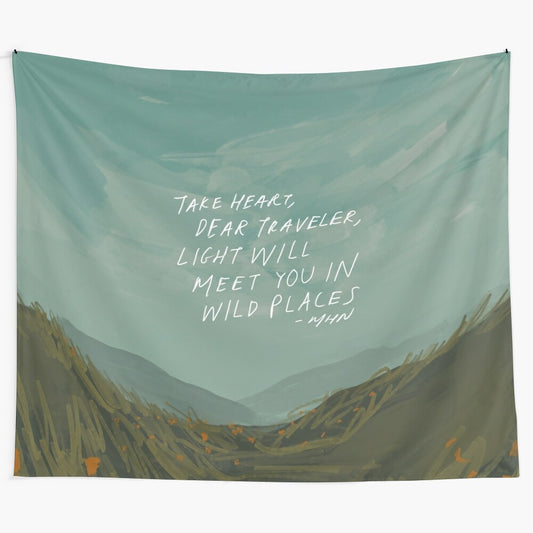 Tapestry art featuring a scenic mountain landscape with wildflowers, inspiring a spiritual outdoor adventure