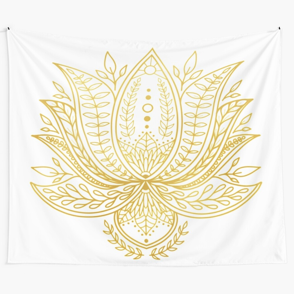 Gold lotus flower botanical tapestry wall art