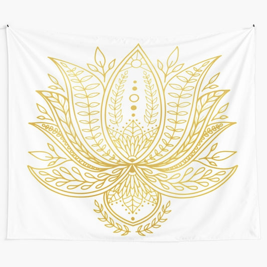 Gold lotus flower botanical tapestry wall art