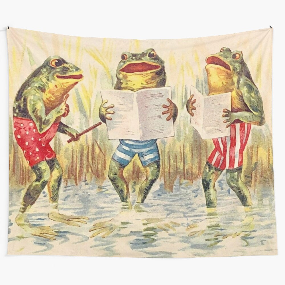 Vintage-inspired tapestry featuring a whimsical frog trio singing together in a surreal, fantasy-like setting