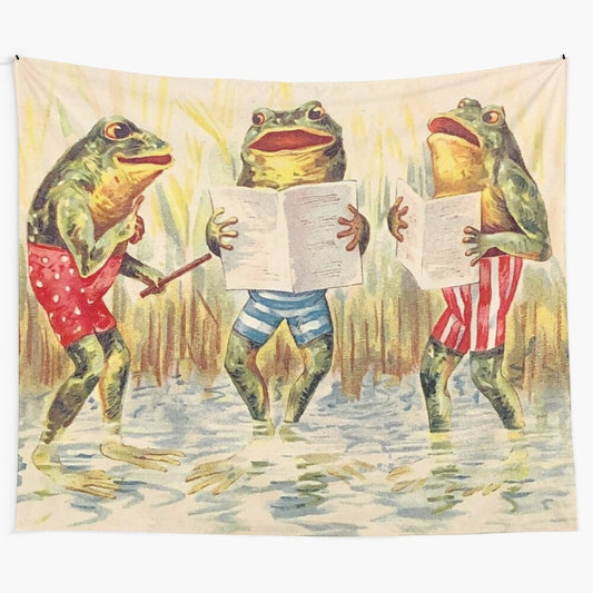 Vintage-inspired tapestry featuring a whimsical frog trio singing together in a surreal, fantasy-like setting