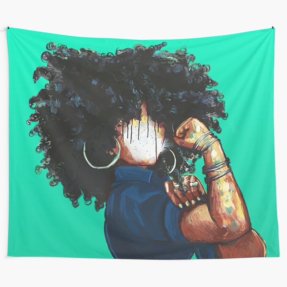 Teal tapestry featuring a powerful black woman in the style of Rosie the Riveter