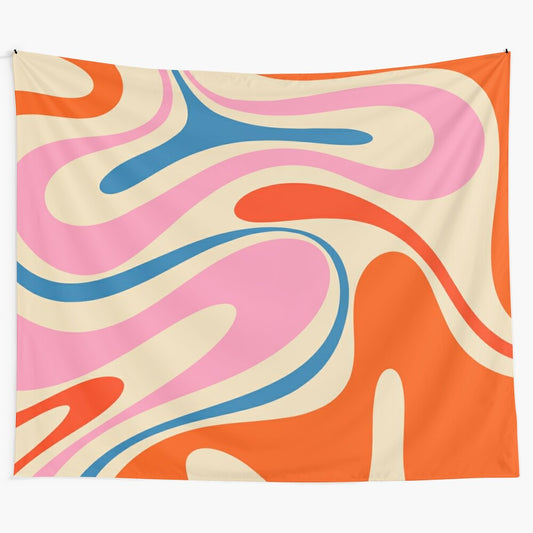 Retro abstract pattern tapestry featuring a vibrant swirling design in red, orange, blue, pink, and beige.