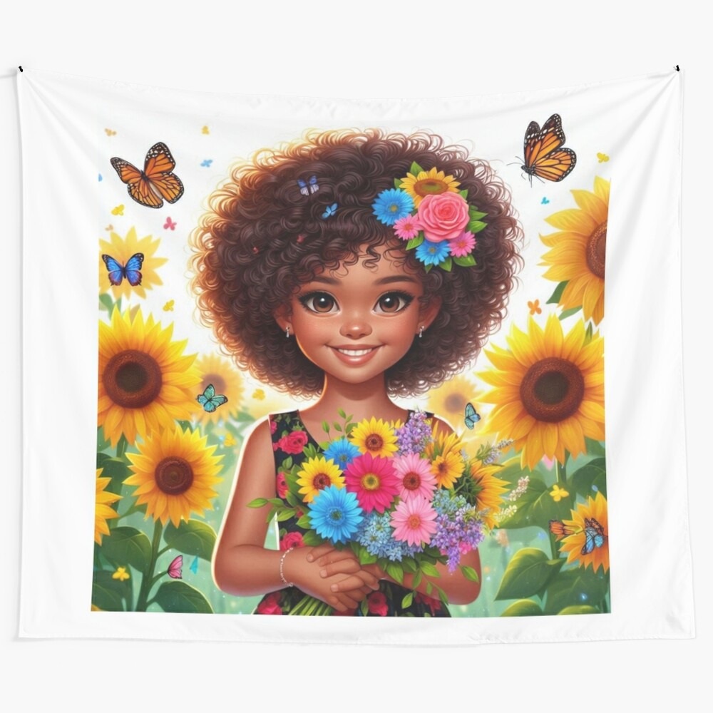 Beautiful black girl surrounded by sunflowers and butterflies in a whimsical floral tapestry