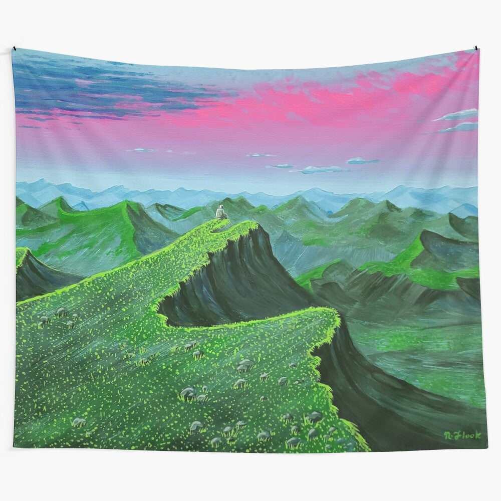 Quiet Time Tapestry featuring a serene landscape with an astronaut in a trippy, dreamlike setting